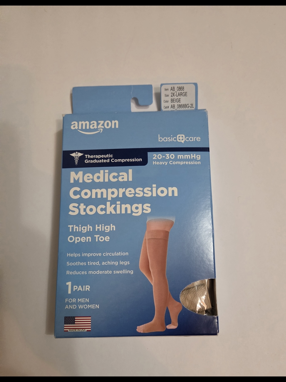 Amazon Medical Compression Stockings 2XL Beige Thigh High Open Toe New